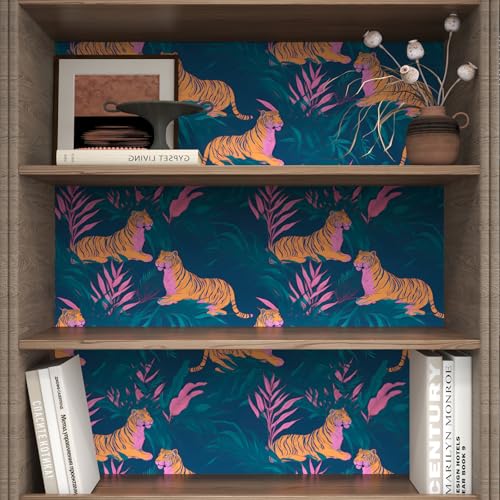 BOKEBEVE Tropical Tiger Wallpaper Peel and Stick Green Pink 17.5 x 118In - color: Green/Orange/Pink, size: 17.5" x 118"