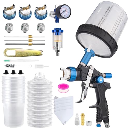 HVLP Air Spray Gun Kit Includes 10 Disposable 650ml Paint Cups with 1.4/1.7/2.0mm Nozzles. The Automotive Paint Spray Gun can be Used for Primer, Clear Topcoat Application (Blue) - color: Blue