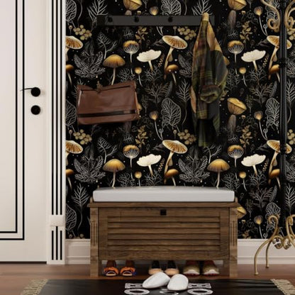 Laatse Dark Mushroom Wallpaper Peel and Stick 17.5" x 787",Black Gold - color: Black Gold, size: 17.5" x 787"