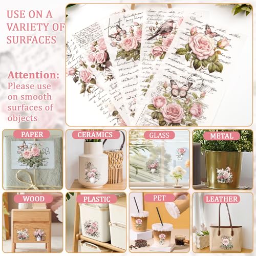WANDIC Retro Rub On Transfer Stickers, 6 Sheets Pink Retro Flowers Rub on Decals Rose Stickers with Letters Waterproof Furniture Stickers for DIY Home Scrapbooking Windows Crafts,12 * 6in - color: Pink Flower, size: 6 Sheets
