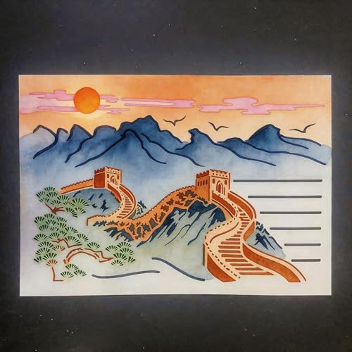 TIAMECH A4 Reusable Chinese Great Wall Landscape Stencil for Painting - style: Chinese Great Wall Landscape