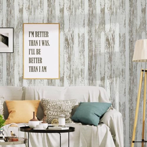 WENMER White and Brown Rustic Wood Grain Wallpaper, 17.3" x 118", 14.1 sq.ft. Peel and Stick, Waterproof, Multi-Surface Use (Pack of 4) - size: 17.3" x 118" (Pack of 4)