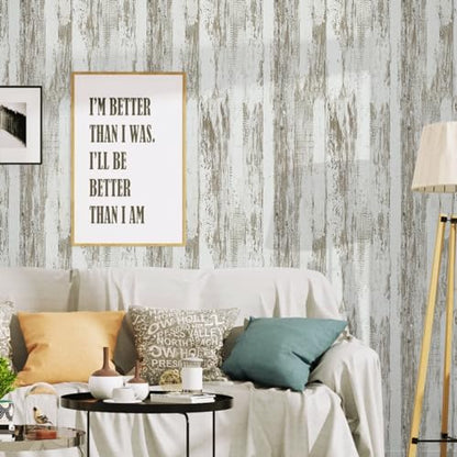 WENMER White and Brown Rustic Wood Grain Wallpaper, 17.3" x 118", 14.1 sq.ft. Peel and Stick, Waterproof, Multi-Surface Use (Pack of 4) - size: 17.3" x 118" (Pack of 4)