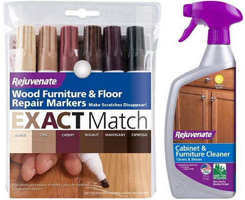 Rejuvenate New Improved Colors Wood Markers 6 Colors Maple Oak Cherry Walnut Mahogany and Espresso & Cabinet and Furniture pH Neutral Streak and Residue Free Cleaner Cleans Restores Protects