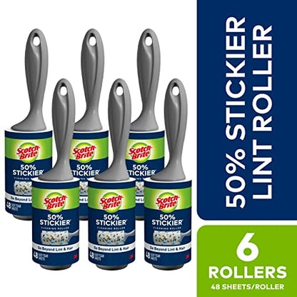 Scotch-Brite 50% Stickier Lint Roller Works Great On Pet Hair 6 Rollers 48 Sheets per Roller 288 Sheets Total (Packaging May Vary) (Pack of 2) - size: 12 Rollers (576 Sheets)