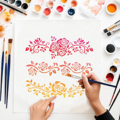 MAYJOYDIY Rose Lace Border Stencil Floral Vine Art Stencils 11.8×11.8inch Reusable Plants Craft Stencils with Paint Brush Flower Border Template for Craft on Window Wood Wall Home Decor - style: Rose Lace Border