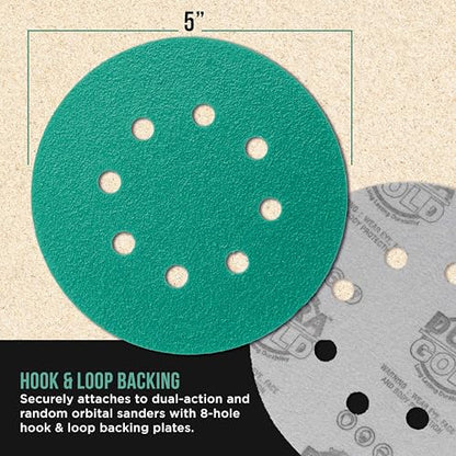 Dura-Gold 5" Green Film Sanding Discs, 40 Grit, 8-Hole, Box of 50, H & L - style: 40 Grit