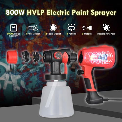 800W Electric HVLP Paint Sprayer, 5 Brass Nozzles, 3 Patterns, 800mL Cup