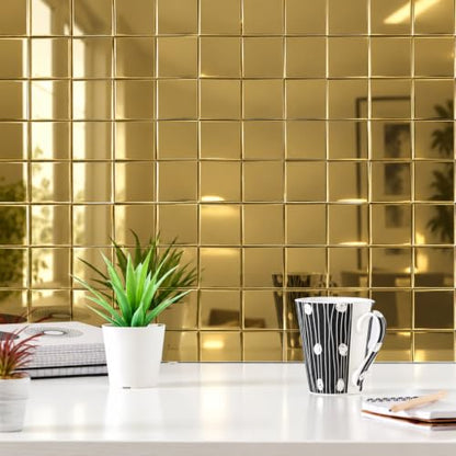 Yipscazo 10 Sheet Peel and Stick Backsplash Mosaic Tiles Stainless Steel Metal Kitchen Backsplash Stick on Tiles for Stove, Bathroom, Laundry in Mirror Gold (11.8'' x 11.8'') - color: Gold