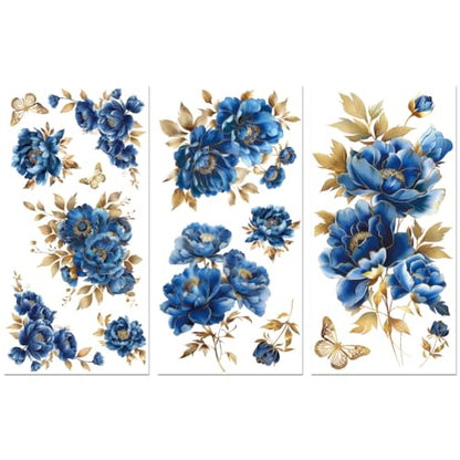 Peacoblue Blue and Gold Peonies Rub On Transfers for Furniture 6"x12" - style: Blue and Gold Peonies Flowers