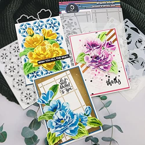 Alinacutle 5pc Peony Flower Layering Stencils & 1set Frame Dies Set Plastic Stencil with Frames Metal Cutting Die Cut for DIY Art Craft Paper Craft Scrapbooking Handmade Card Making Art Cuts - color: Layered Flowers