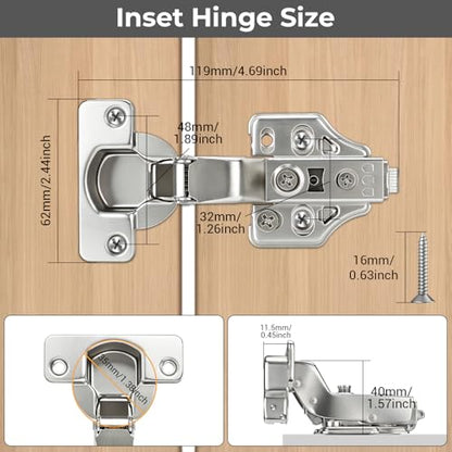4 Pack Soft Close Inset Cabinet Hinges 35mm, 3D Hydraulic - size: Inset
