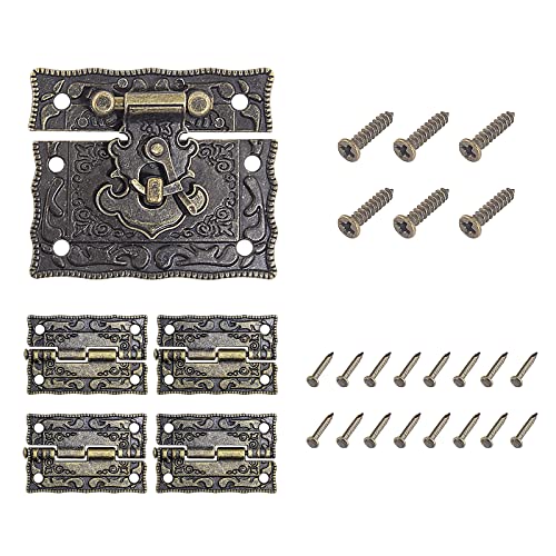 Uenhoy Jewelry Box Hardware Set, Antique Brass Hinge Latch Kit, 17 Pcs