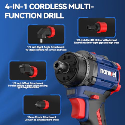 4-in-1 Multi-Head Cordless Drill Set, 440 In-lbs (50N·m) Max TorquePortable Power Drill Driver with 4 Interchangeable Heads, Electric Screwdriver Drill Kit for Home, DIY, Repair and Construction Use