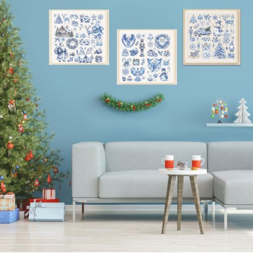 UV DTF Winter Rub on Transfers, 12 Pcs Blue Porcelain Furniture Decals - style: Blue Porcelain