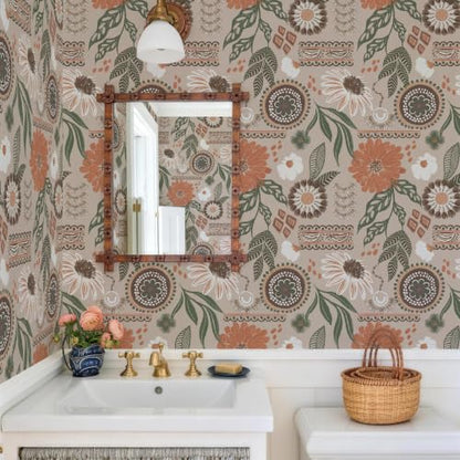 Simon&Siff Boho Sun Floral Retro Peel and Stick Wallpaper 17.3" x 800" - color: Gray, size: 17.3" x 800"