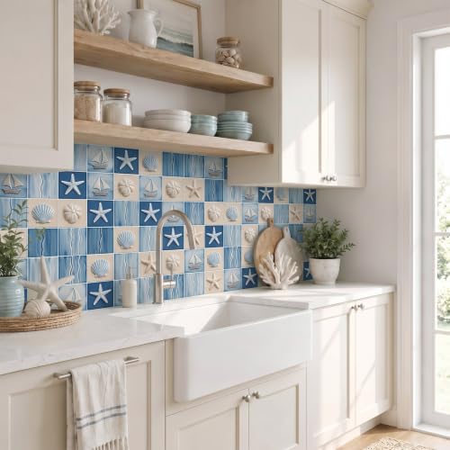 30 Pcs Coastal Peel and Stick Backsplash Tile Stickers 3.94" x 3.94" Self Adhesive Waterproof Vinyl Wall Tiles Stickers for Kitchen Backsplash Bathroom Stair Risers Laundry Room(Classic) - style: Classic