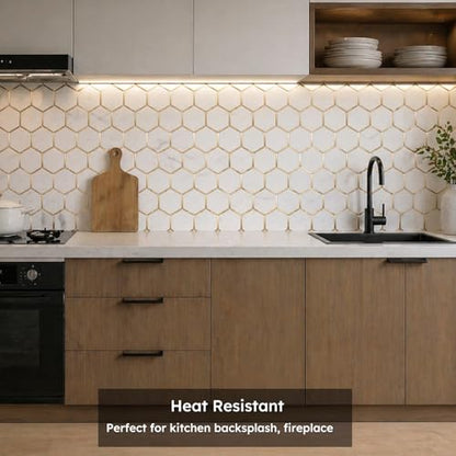 Diflart 10-Pack Peel and Stick White Gold Marble Hexagon Backsplash Tile - color: White Marble + Gold Metal Hexagon, size: 10 Sheets