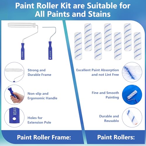 Paint Roller Kit with 2 to 4 FT Extension Pole for House Painting - Completed Home Painting Set with 9″ & 4″ Paint Roller Covers, Tray, Paint Brushes and Accessories