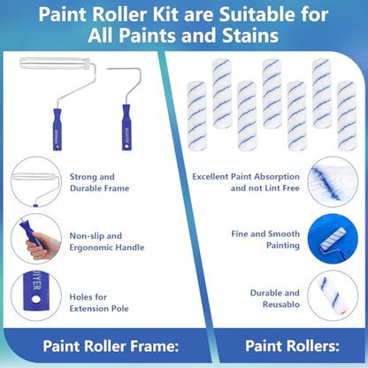 Paint Roller Kit with 2 to 4 FT Extension Pole for House Painting - Completed Home Painting Set with 9″ & 4″ Paint Roller Covers, Tray, Paint Brushes and Accessories