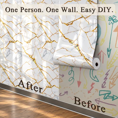 White Holographic Bold Gold Marble Peel&Stick Wallpaper 47.2x394in - color: White Holographic Bold Gold Marble, size: 47.2" x 394"
