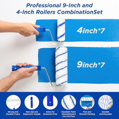 32PCS Paint Roller Kit, 2-4FT Pole, 4"&9" Microfiber Rollers & Brushes