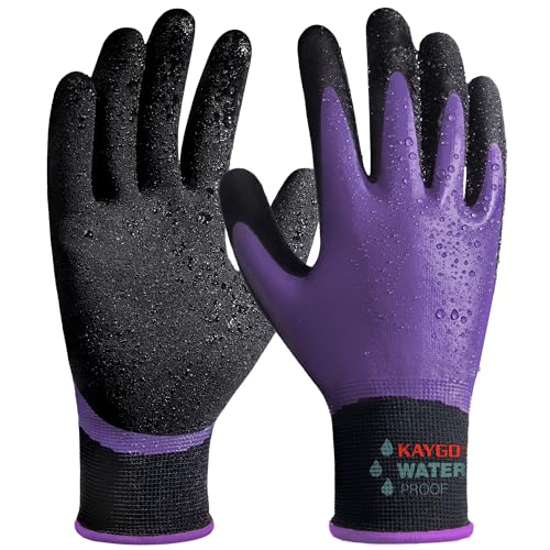 KAYGO Waterproof Work Gloves, Non-Slip Double Latex Coated, KG150 - color: Purple, size: X-Small
