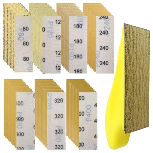 70Pcs Micro Detail Sander Kit, 3.5" x1" Sanding Block with 7 Grits (80-600) Sandpaper, Hook & Loop Backing Fit for Wood Furniture, Metal, 3D Prints & Crafts