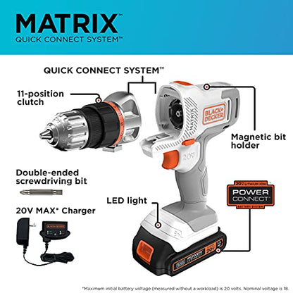 BLACK+DECKER 20V MAX Matrix Cordless Drill/Driver Kit, White (BDCDMT120WC1FF) - style: Drill Kit (White)