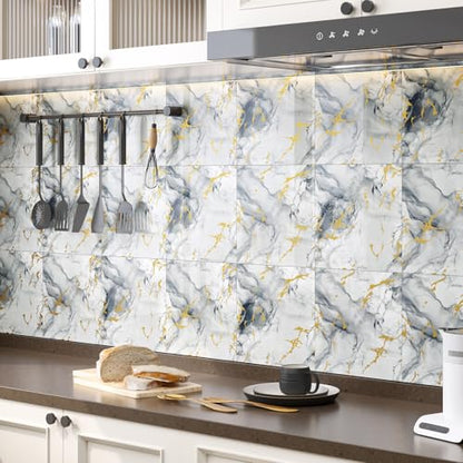 10pcs Marble Peel and Stick Backsplash Wall Tiles, Waterproof Shower Wall Panels, 11.8"x11.8" Peel and Stick Tile for Home Bathroom, Kitchen, Washroom, Living Room, Blue and Gold (Not Real Tile) - color: Blue and Gold