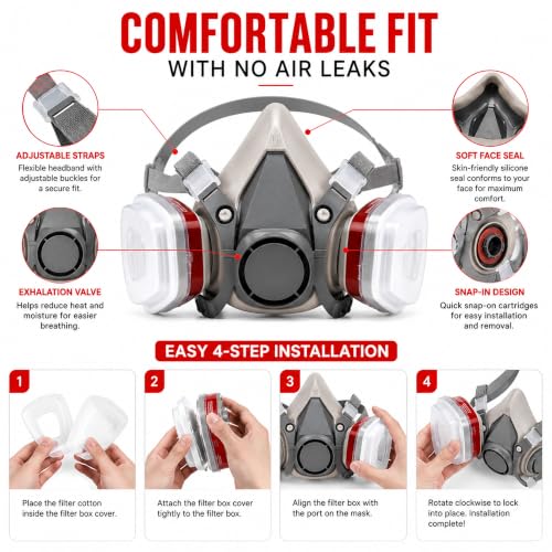 Premium Respirator Kit – Reusable Half Face Mask with Safety Glasses for Painting, Spraying, Sanding, Polishing (Set)