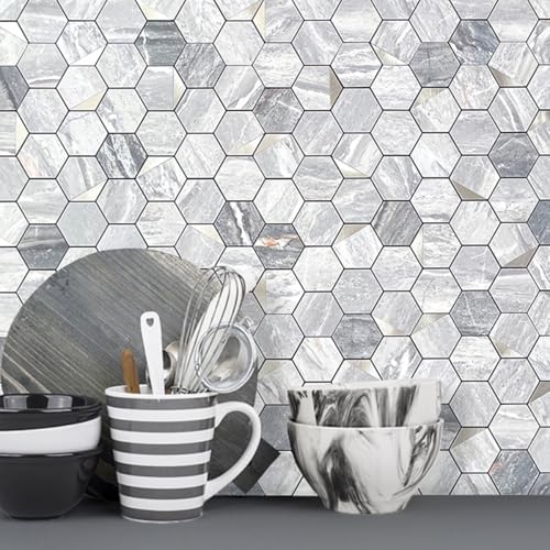 DICOFUN Hexagon Tile Peel and Stick Backsplash, Grey Marble Look PVC Mixed Silver Metal Mosaic Tiles, Pack of 1 - color: Marble Grey + Silver Metal Chip, size: 1 Sheet, 12''x12''x0.12''