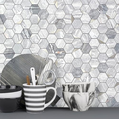 DICOFUN Hexagon Tile Peel and Stick Backsplash, Grey Marble Look PVC Mixed Silver Metal Mosaic Tiles, Pack of 1 - color: Marble Grey + Silver Metal Chip, size: 1 Sheet, 12''x12''x0.12''