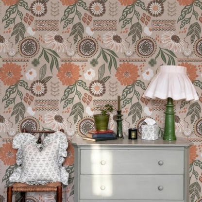 Simon&Siff Boho Sun Floral Retro Peel and Stick Wallpaper 17.3" x 800" - color: Gray, size: 17.3" x 800"