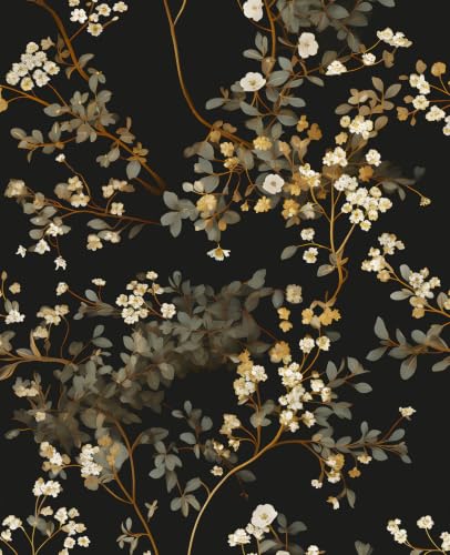 Fvlow Moody Black Dark Leaves Floral Peel and Stick Wallpaper 17.4" x 197" - color: Black/Muted Gold, size: 17.4" x 197"