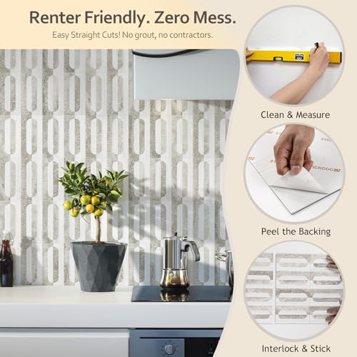 STICKGOO Peel and Stick Backsplash Tiles, 12 x 12 in, Marble/Beige - color: Dolomite White + Beige Slate