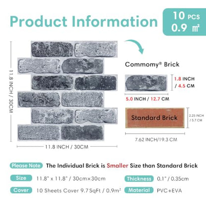 Commomy 3D Faux Brick Peel and Stick 10 pcs 11.8" x 11.8" - color: Brick-WEC