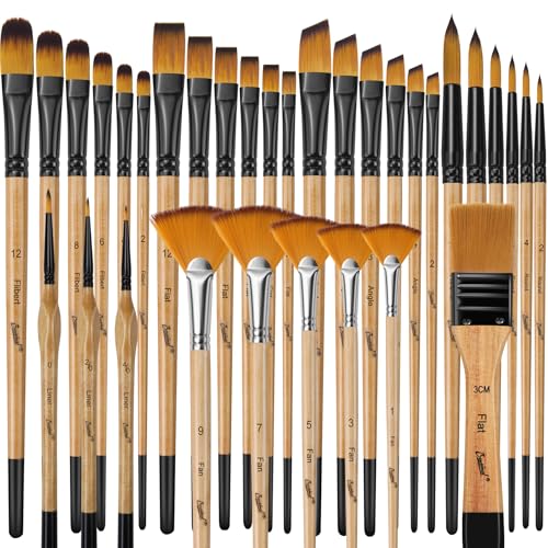 Bougimal 33 Pcs Paint Brush Set, No-Shedding Artist Paint Brushes - color: Wooden 2