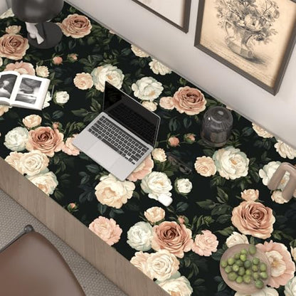 Laatse Dark Floral Rose Peel and Stick Wallpaper 17.5" x 118",Black/White - color: Pink&White, size: 118" x 17.5"