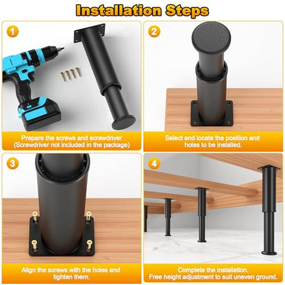 Wlrrcwdttc 4 Pcs Adjustable Bed Support Legs for Bed Frame/Bed Center Slat, Metal Adjustable Furniture Legs 7.08-13 inch for Bed/Sofa/Cabinet/Couch/Dresser/Table, Thickened Heavy Bed Replacement Legs
