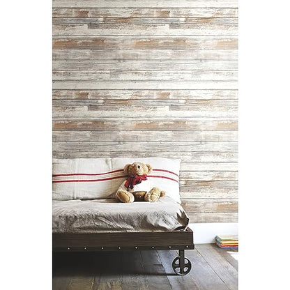 RoomMates White Distressed Wood Peel and Stick Wallpaper - color: Rustic Wood