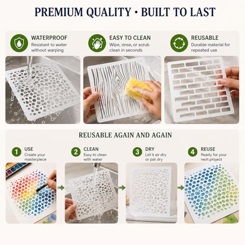 16 PCS Stencils for Crafts Reusable, 6 in* 6 in Wood Grain Pattern Template