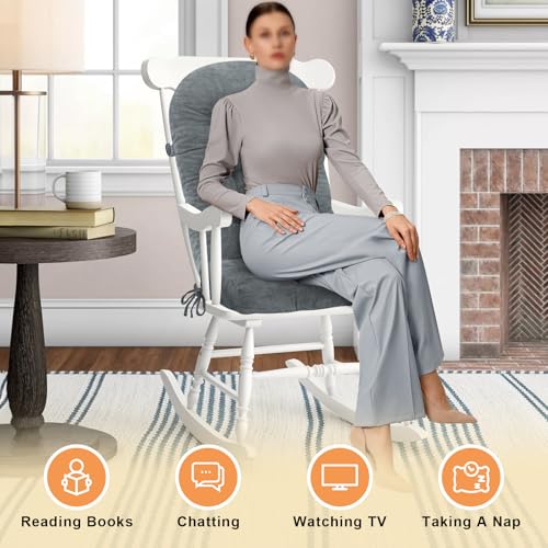 Rocking Chair Cushion - Chenille Fabric, High-Density Sponge, Durable Comfort Non-Slip Bottom Tufted Seat Pads with Ties, Chenille︱Light Grey, 44x19x4 inch - color: Light Grey