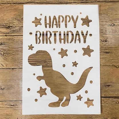 TIAMECH A4 Reusable Happy Birthday Dinosaur Stencil for Painting - Star T-Rex Layering Template, DIY Wall Art, Wood Furniture, Scrapbook & Crafts (8.3x11.7inch) - color: Happy Birthday Dinosaur