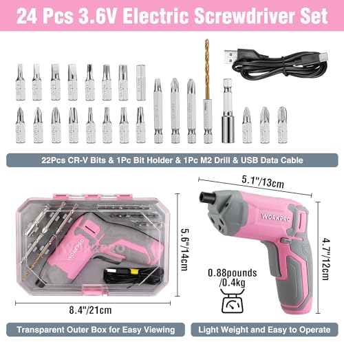 WORKPRO Pink Cordless Screwdriver Set, Rechargeable Eccentric Screwdriver