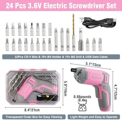 WORKPRO Pink Cordless Screwdriver Set, Rechargeable Eccentric Screwdriver