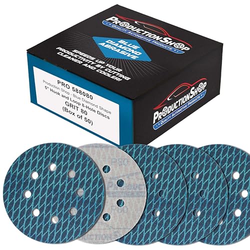 ProductionShop Premium 80 Grit 5" Rhombus Diamond Shape Blue Sanding Discs, 8-Hole, Box of 50 - Hook & Loop Anti-Clogging J-Cloth Dustless Sandpaper for Random Orbital Sanders, Sand Auto Paint, Wood - style: 80 Grit