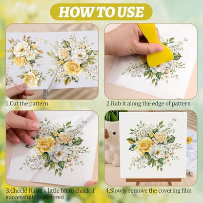 Flowers Rub On Transfers for Furniture and Crafts, 3pcs Yellow Rose Flowers Transfers Stickers Waterproof Decals for Bookcase Wardrobe DIY Home Door - color: Yellow Roses