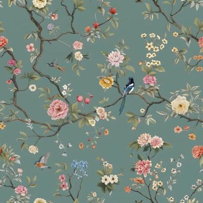 CHIHUT Bird Floral Wallpaper Peel and Stick Chinoiserie Contact Paper - color: Dusty Teal Blue, size: 17.7" x 236"