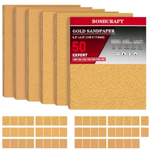 BOSHCRAFT 50 Pcs 1/4 Sheet Sand Paper 5.5" x 4.5" – 80/150/320/400 Grit 8 Sheets Each, 120/220 Grit 9 Sheets Each, Premium Aluminum Oxide Sandpaper Assortment for Wood Metal Automotive Palm Sanders - size: 50 Pcs